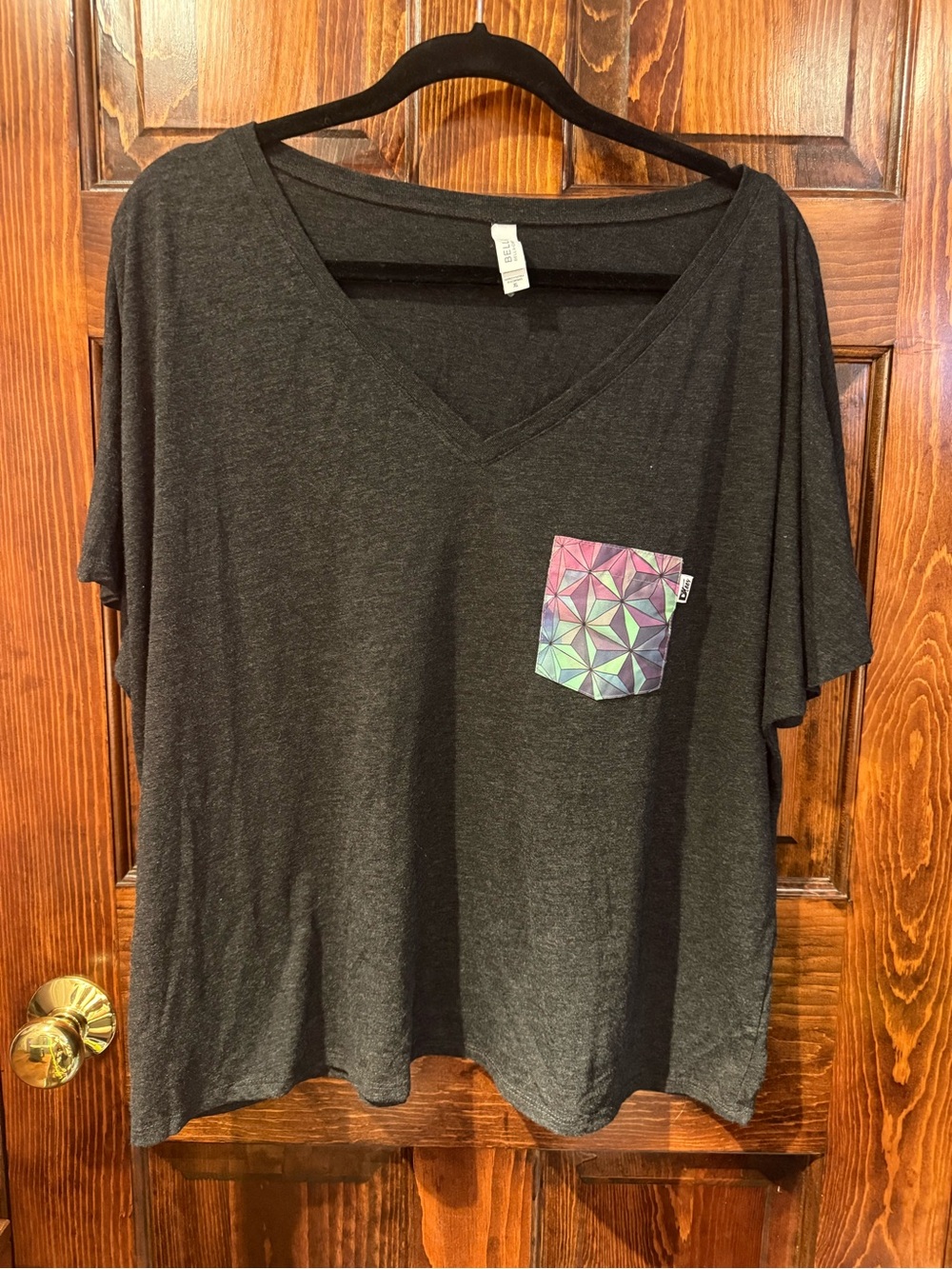Bella Canvas Charcoal V-Neck Tee with Multicolor Geometric Pocket